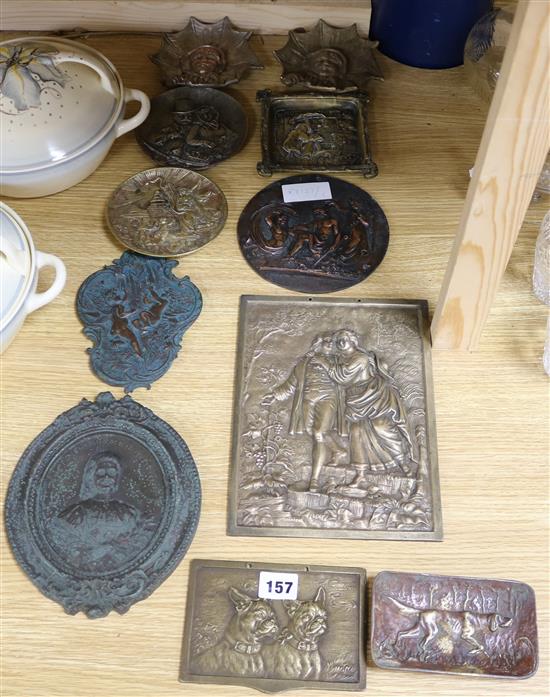 Eleven various brass and copper decorative plaques largest 24.5 x 18cm